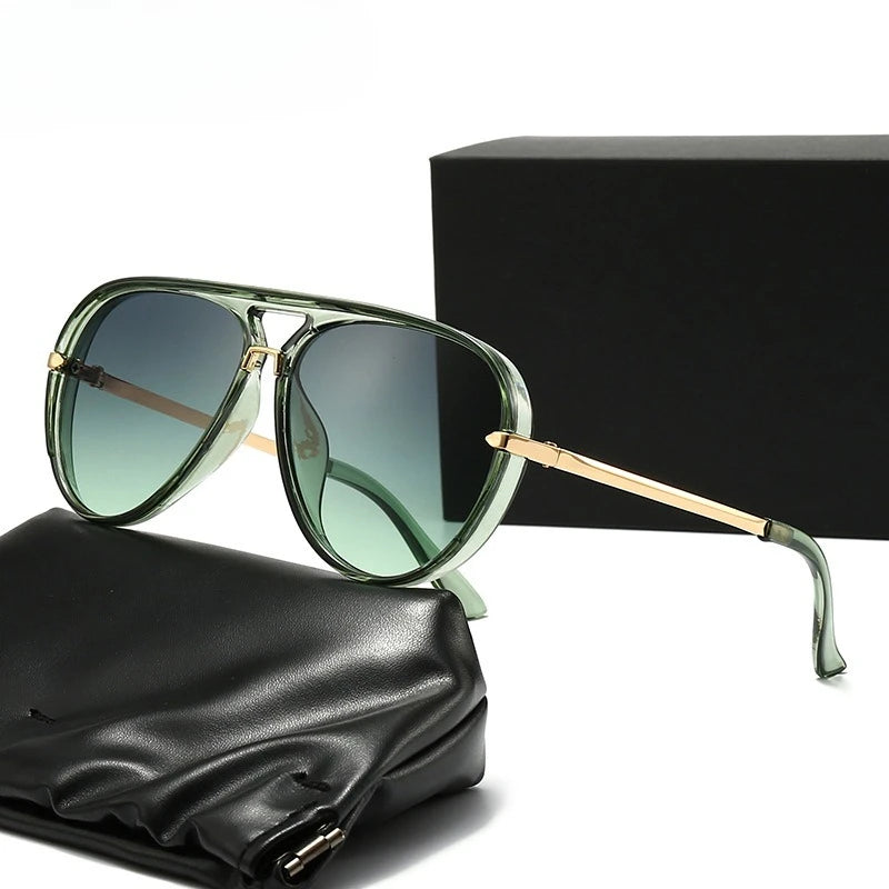A pair of olive green fashion protective sunglasses resting on a black leather pouch next to a black box.