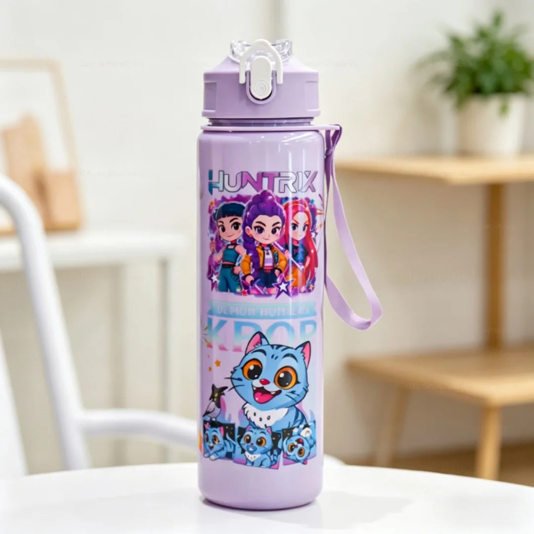 A purple cartoon character water bottle with a strap, featuring a cute blue cat design.