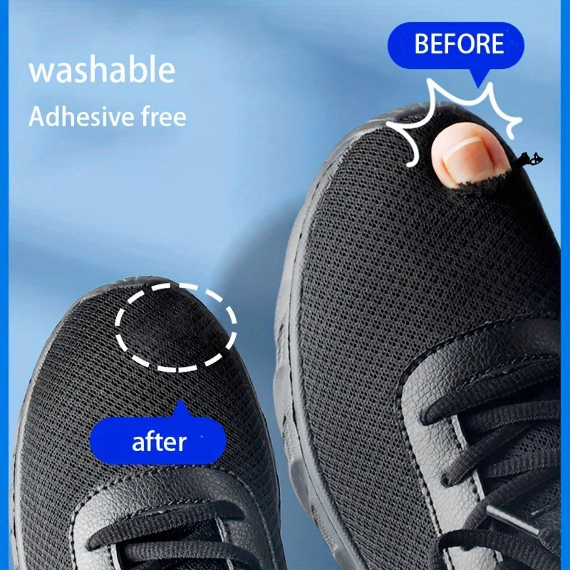 Comparison showing a shoe before and after adhesive-free repair patches are applied.