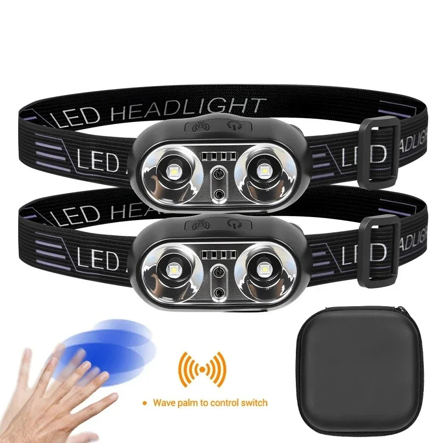 A black LED headlight is shown with a sensor switch and a separate control pad for wave palm operation.