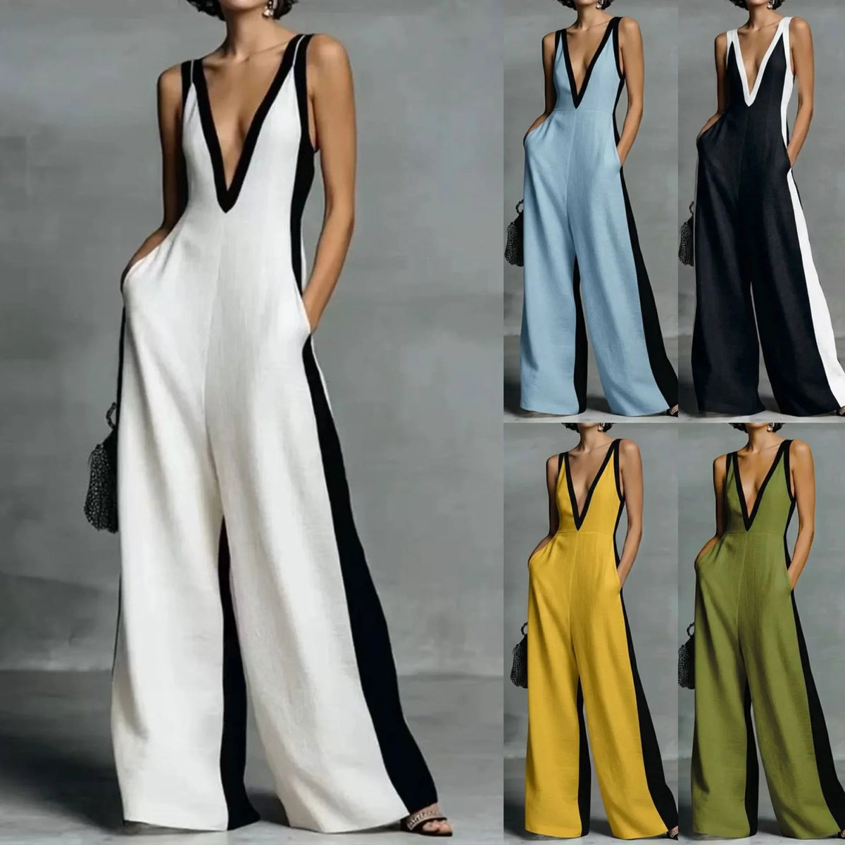 Un mannequin porte une combinaison à encolure en V à blocs de couleurs blanc et noir avec poches.
