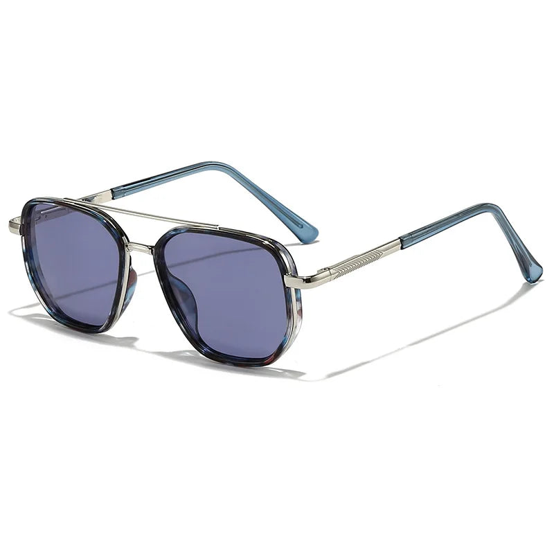 Classic pilot polarized sunglasses with blue-tinted lenses and silver metal frames.