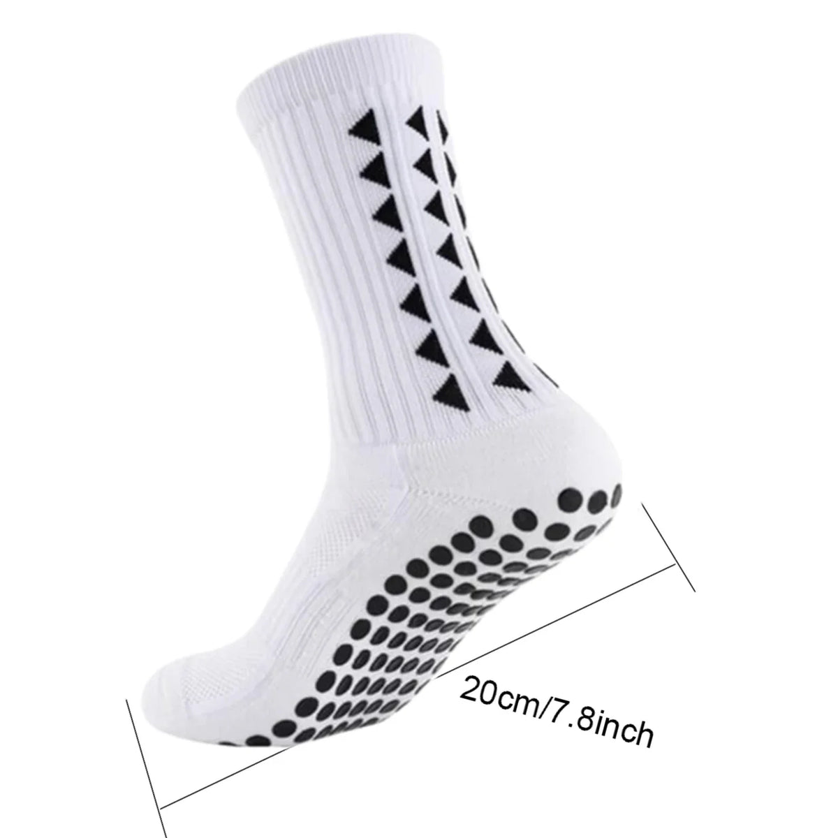 White athletic grip socks with black triangular and circular patterns