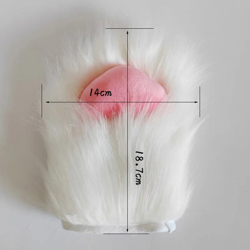 Gants en peluche rose à moitié patte de chat avec bordure de fourrure blanche et lignes de mesure