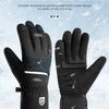 A pair of black Warm Touch screen gloves shown against a snowy background.