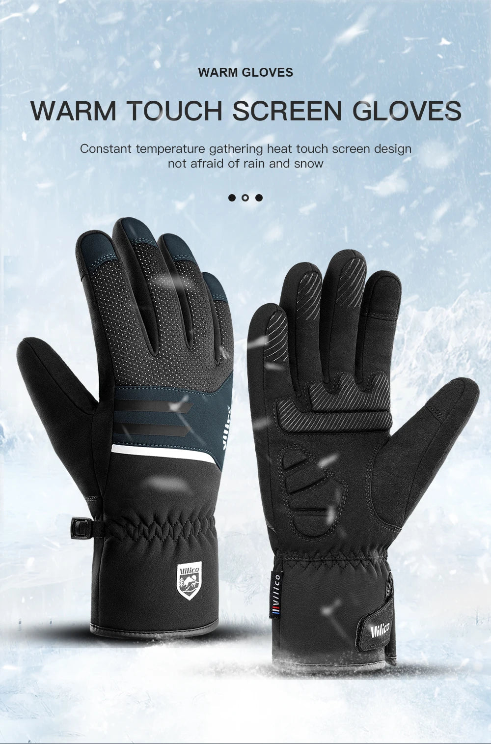A pair of black Warm Touch screen gloves shown against a snowy background.