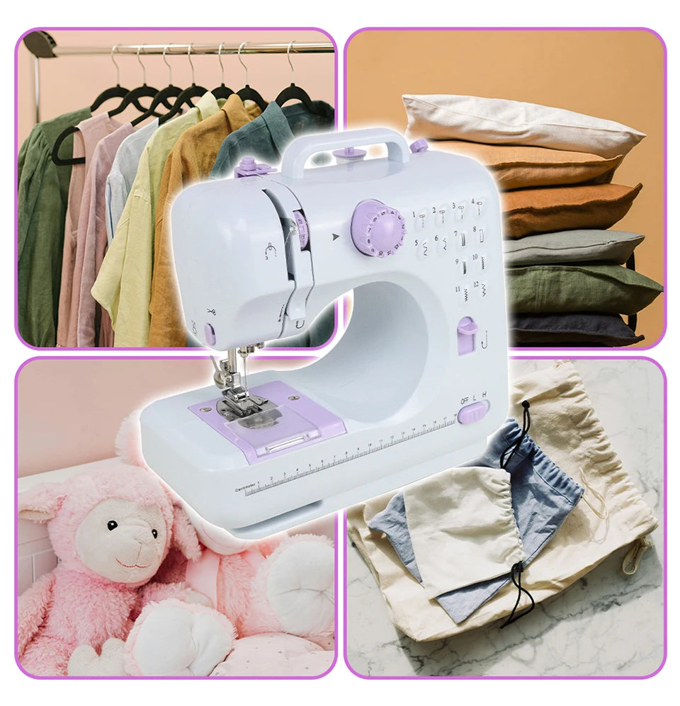 Weiße portable Mini-Nähmaschine mit Stoffen und Nähzubehör in sanfter Pastellfarbe.