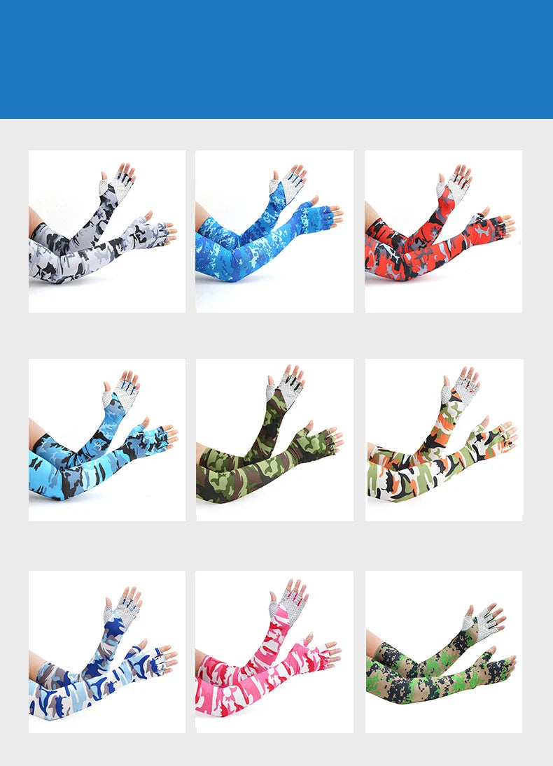 A collection of various colored and patterned cooling sun protection arm sleeves shown on a hand and forearm.
