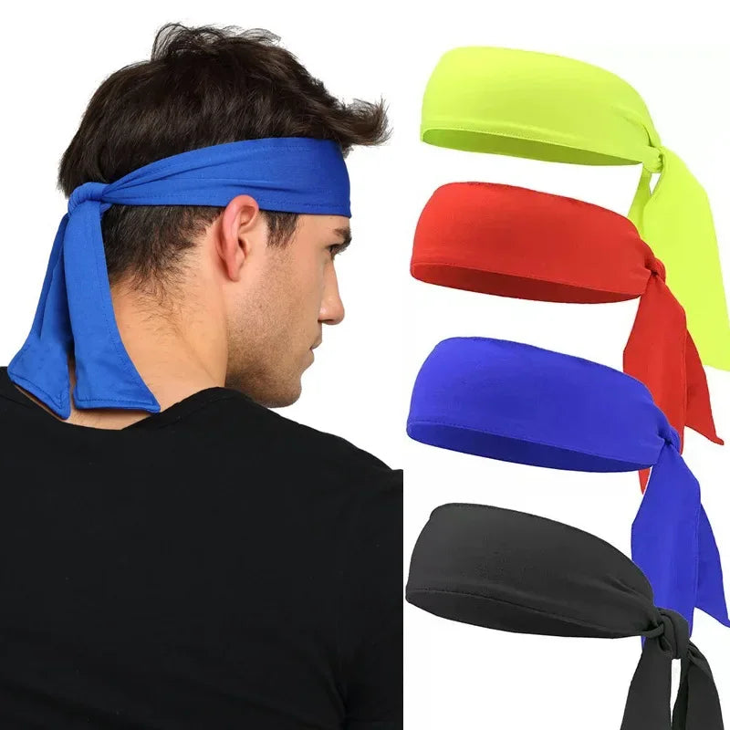 A man wearing a blue breathable sports headband, with various colored headbands displayed next to him.