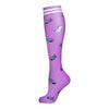 Purple compression socks featuring a pattern of small gray cat silhouettes.