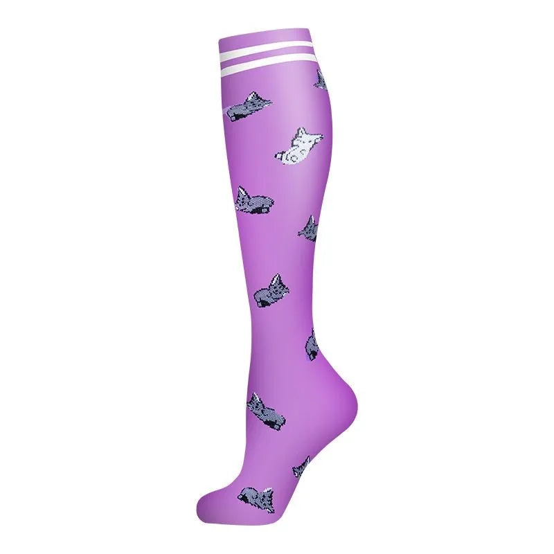 Purple compression socks featuring a pattern of small gray cat silhouettes.