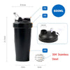 Black portable fitness shaker bottle with silicone and stainless steel components