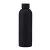 A black insulated stainless steel thermos cup with a black lid.