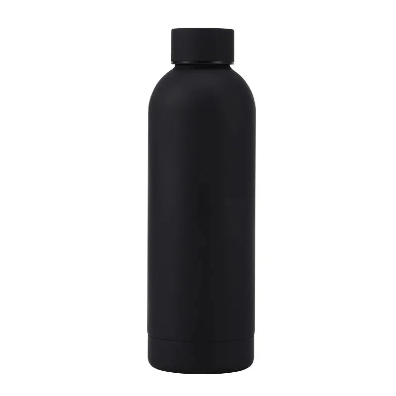 A black insulated stainless steel thermos cup with a black lid.
