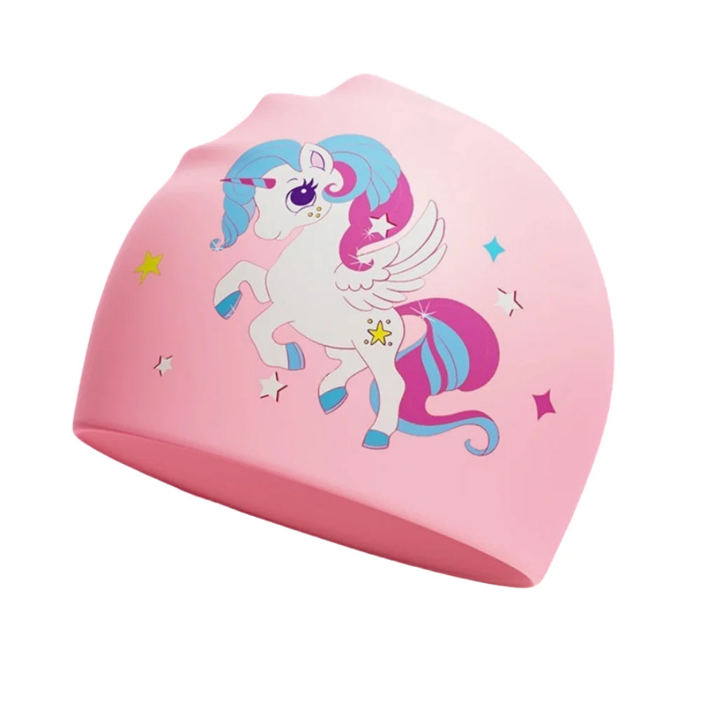 Pink silicone swimming cap shaped like a unicorn with blue and pink mane and tail