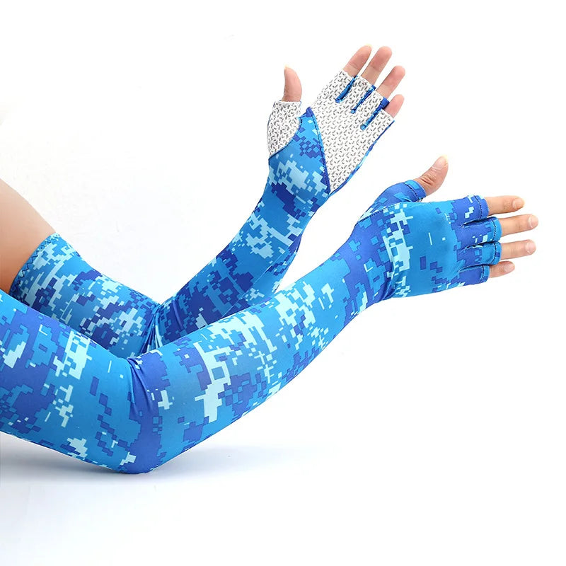 A hand wearing blue and white camouflage patterned cooling sun protection arm sleeves.