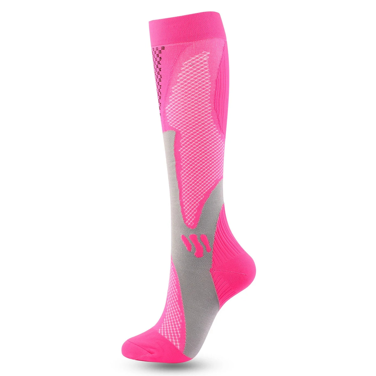 A bright pink compression sock with gray accents, shown standing upright.