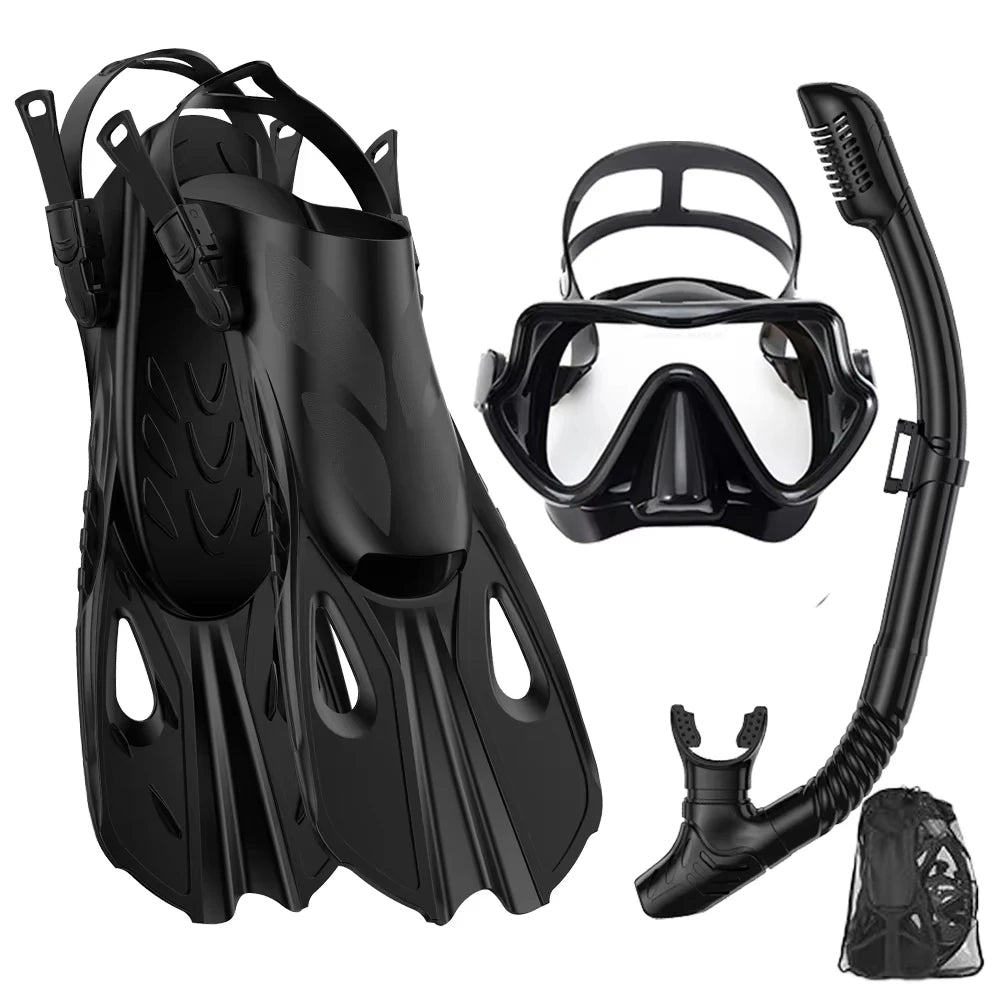 Premium 3-in-1 Snorkeling Set with Panoramic Mask, Dry Snorkel, and Adjustable Fins