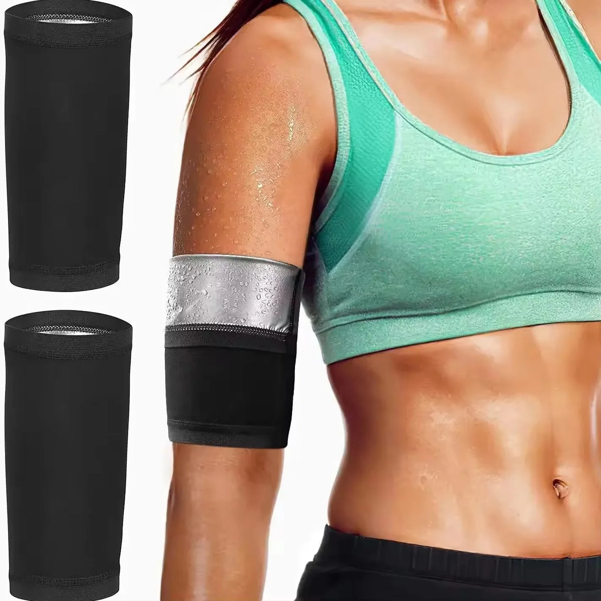 A woman wearing a teal sports bra demonstrates arm slimming compression bands on her forearm.