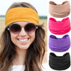 A woman wearing an orange boho wide headband hair wrap and sunglasses, with color options shown.