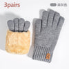 Three pairs of gray knit thermal gloves with light brown faux fur cuffs shown on a white background.