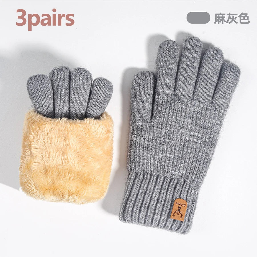 Three pairs of gray knit thermal gloves with light brown faux fur cuffs shown on a white background.