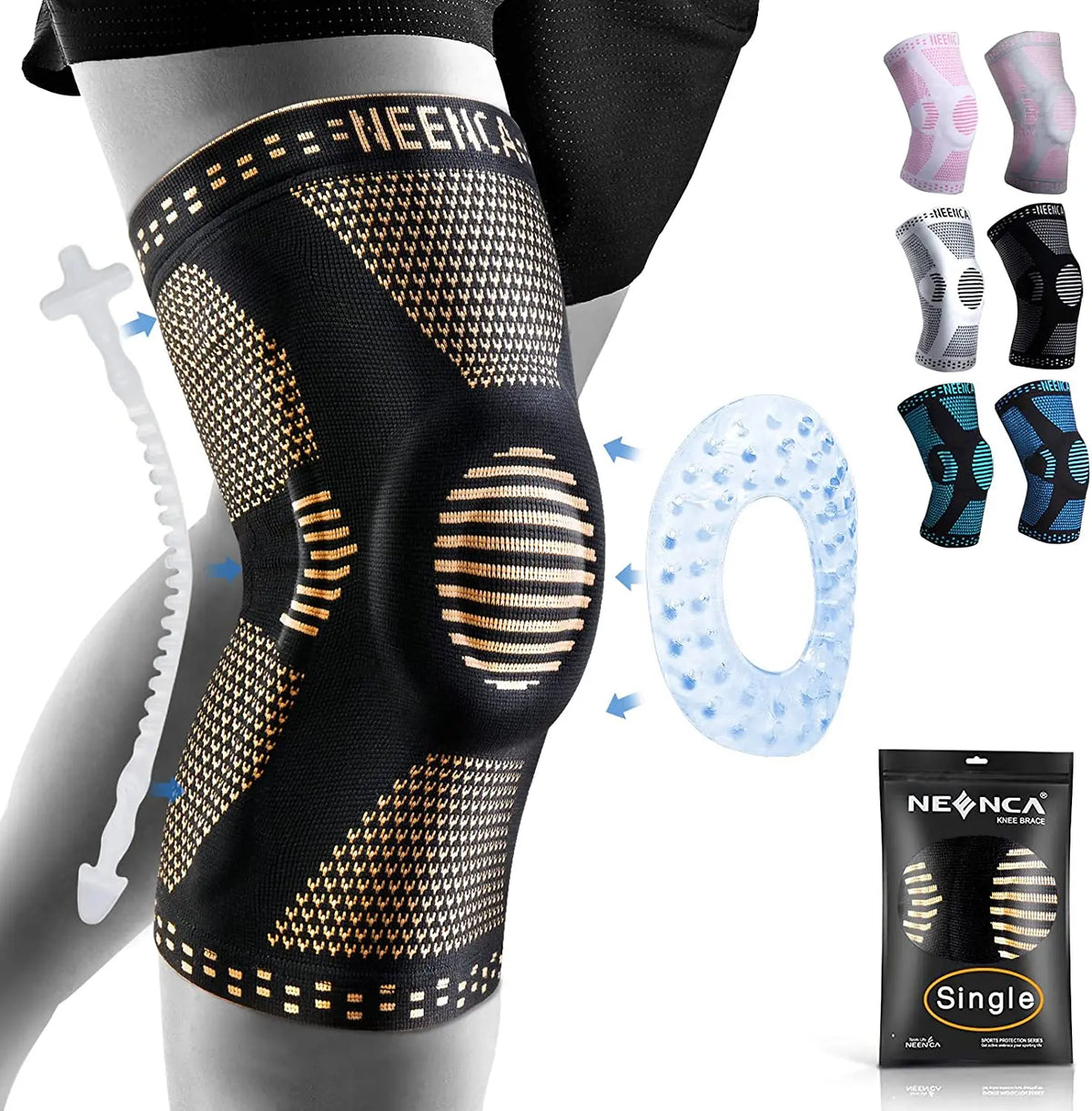 A black knee brace with gold accents is shown on a leg, alongside various colored braces and a single pack.