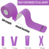 Purple kinesiology tape roll showing various shapes including I, V, Fan, and X strips