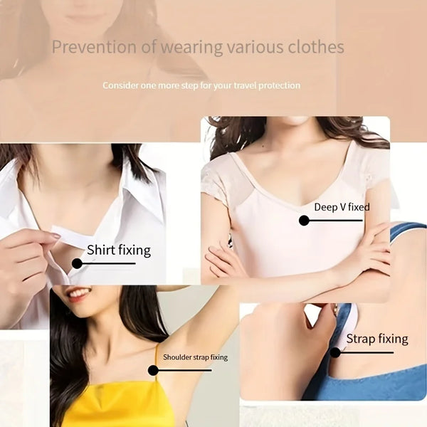 Demonstration of various clothing fixing methods including shirt fixing, deep V fixing, and strap fixing for travel protectio
