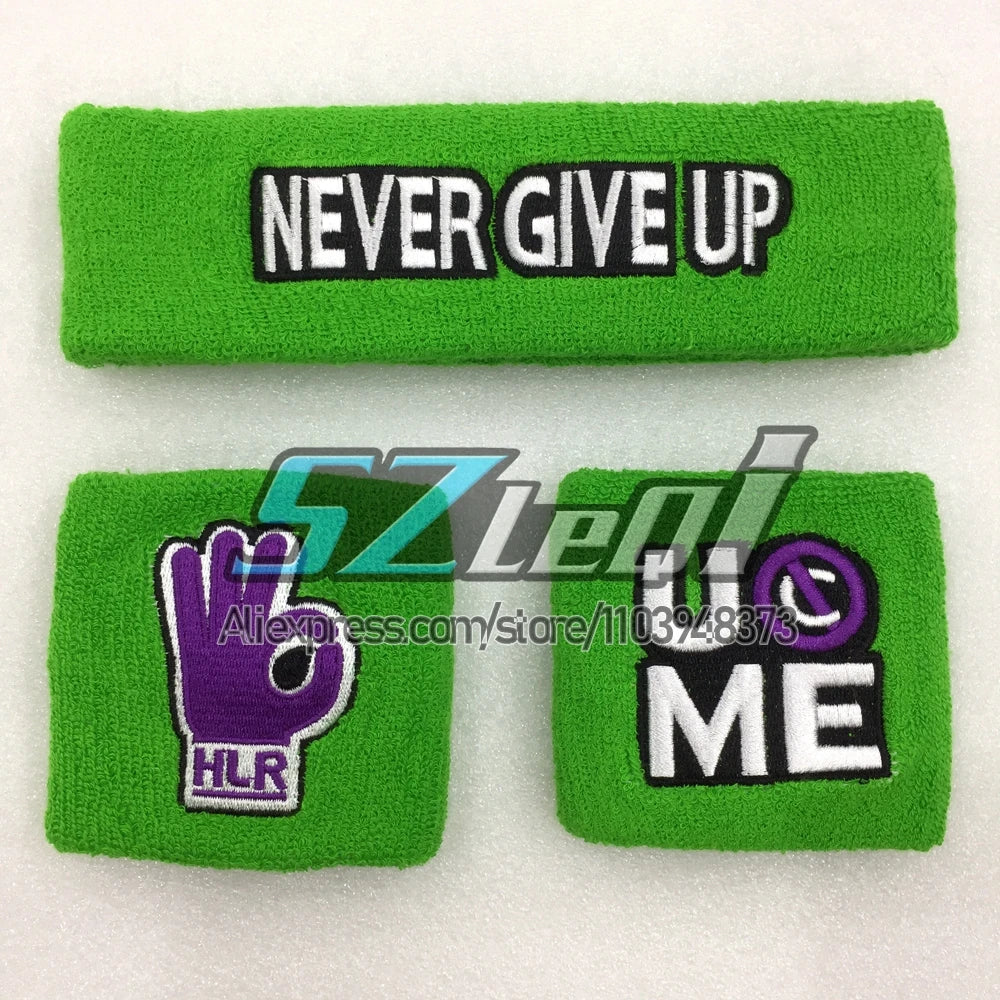 Un juego de dos pulseras deportivas de algodón verdes con texto negro que dice NUNCA RINDAS e I ❤️ ME