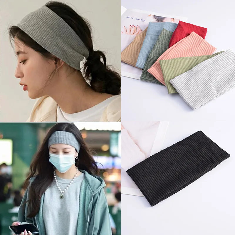 A collection of soft cotton knitted headbands in various muted colors and a black headband shown alongside a woman wearing a 