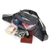 A black durable nylon waist bag for men with various compartments and a brown leather card holder.