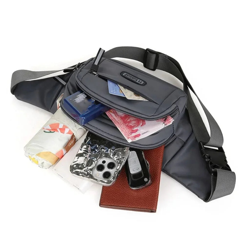 A black durable nylon waist bag for men with various compartments and a brown leather card holder.