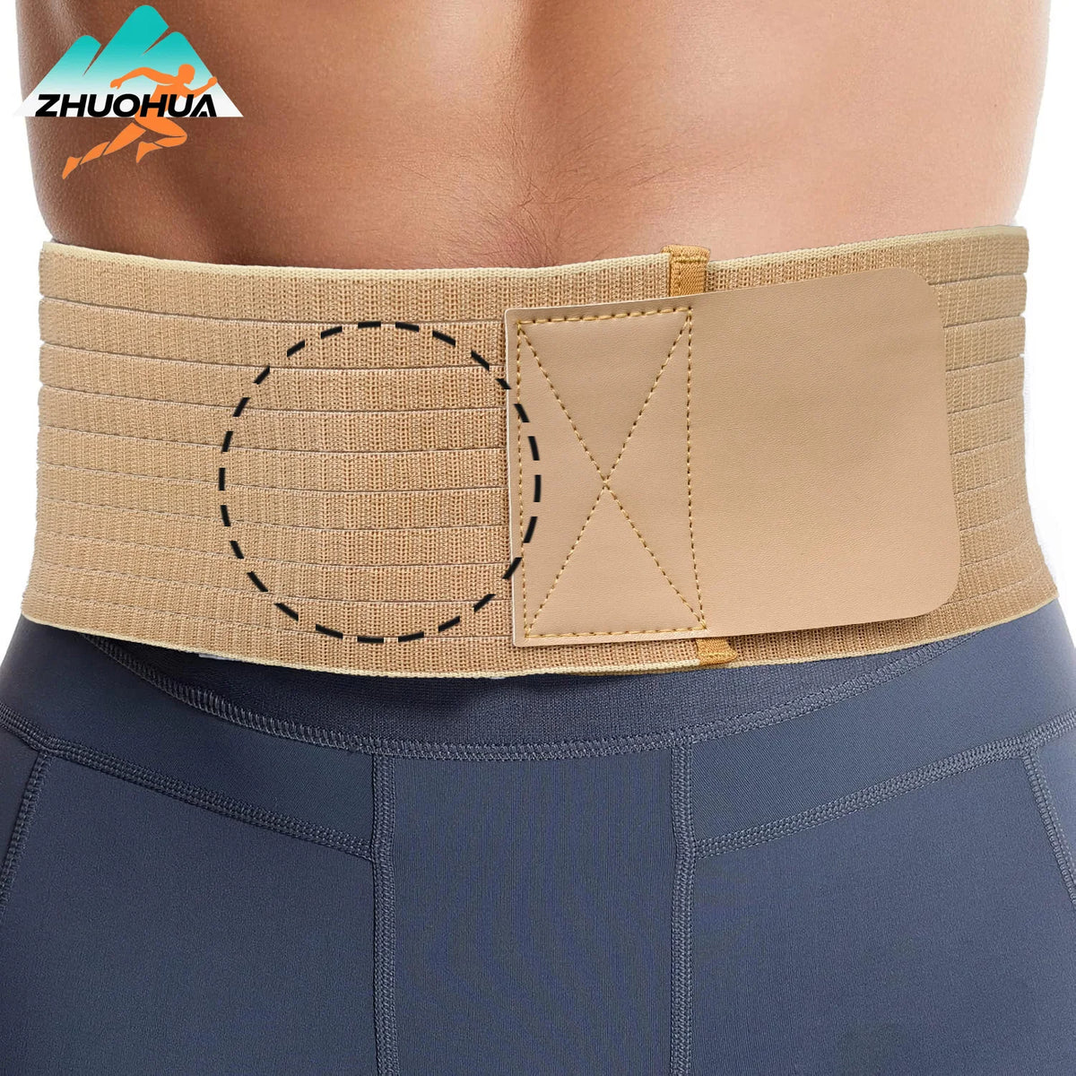 Beige unterstützender Bauchherniengürtel, getragen um die Taille eines Menschen.