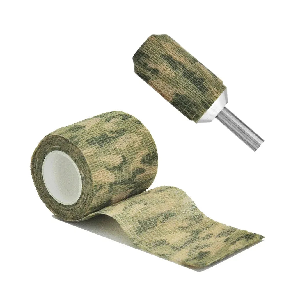 Roll of outdoor camouflage elastic wrap tape with a silver applicator visible.
