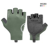 A pair of olive green and gray Inbike half-finger cycling and MTB gloves shown against a white background.
