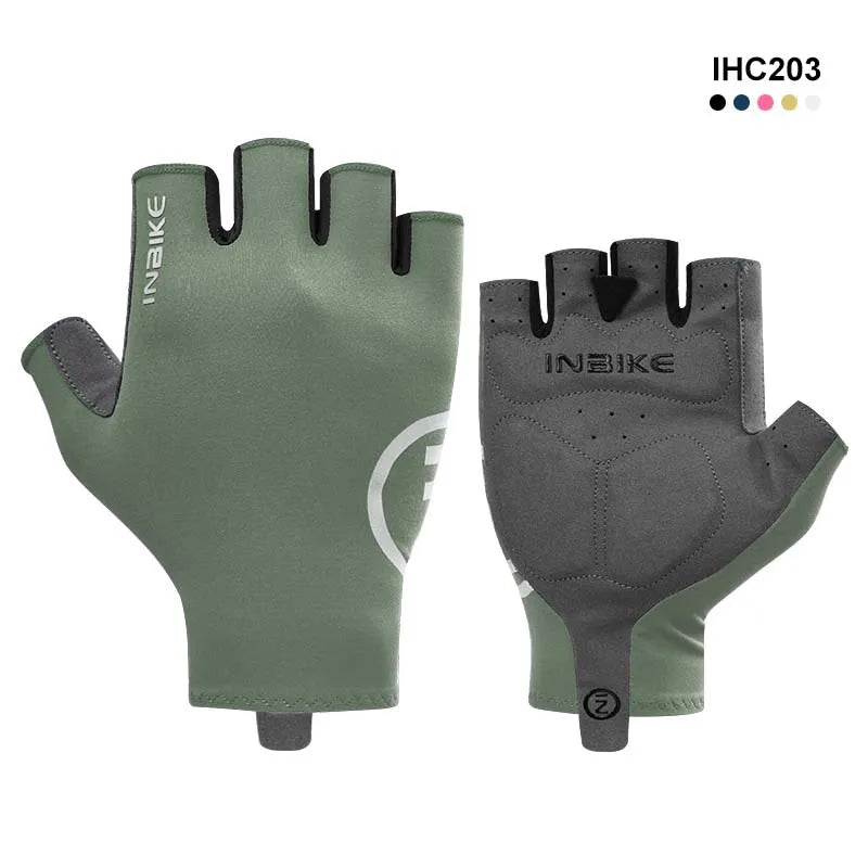 A pair of olive green and gray Inbike half-finger cycling and MTB gloves shown against a white background.