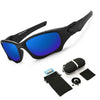 A pair of black polarized sports sunglasses with bright blue lenses and a black case.
