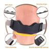 Black anatomical knee patella support strap shown on a person's knee, detailing soft straps, securing straps, velcro fastenin
