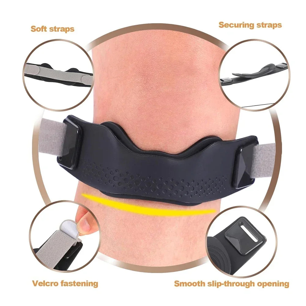 Black anatomical knee patella support strap shown on a person's knee, detailing soft straps, securing straps, velcro fastenin