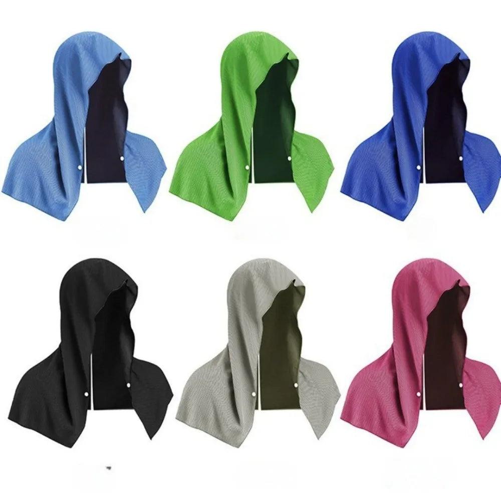 A set of four cooling sports headscarves in blue, green, purple, black, and pink, shown folded.
