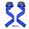 A pair of blue gym wrist straps with black accents shown against a white background.