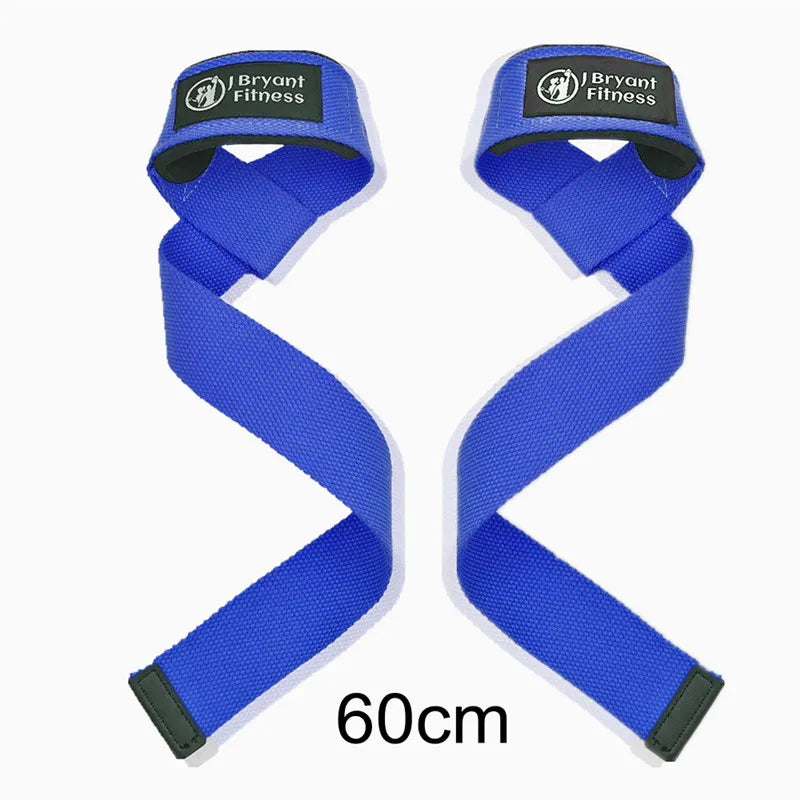 A pair of blue gym wrist straps with black accents shown against a white background.