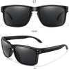 A pair of black sunglasses shown from the front and a side view at a 45-degree angle.
