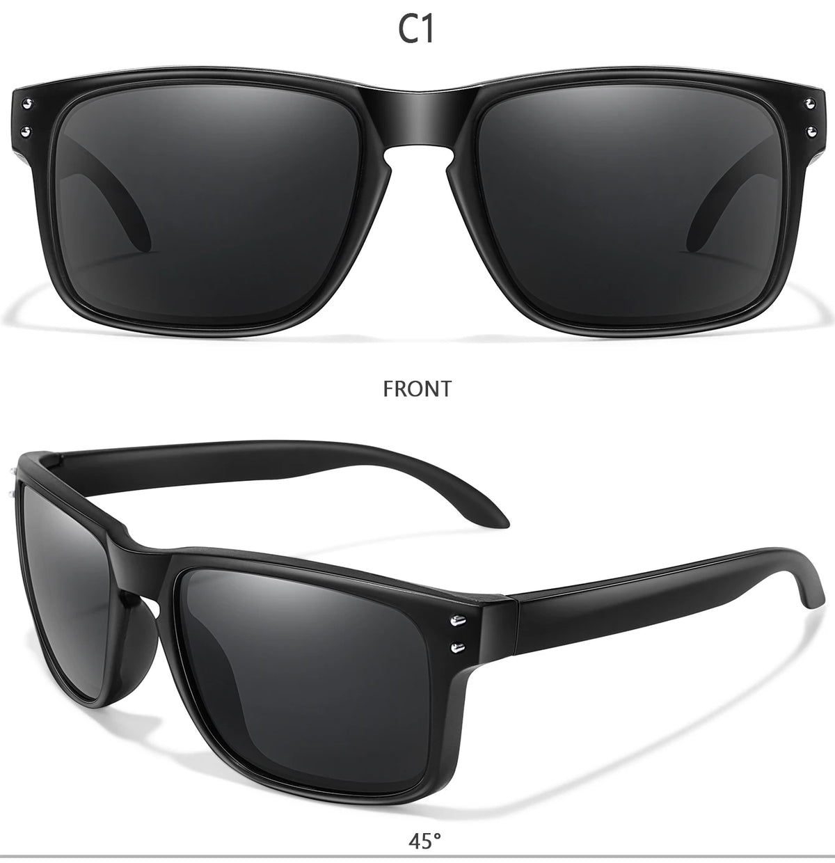 A pair of black sunglasses shown from the front and a side view at a 45-degree angle.