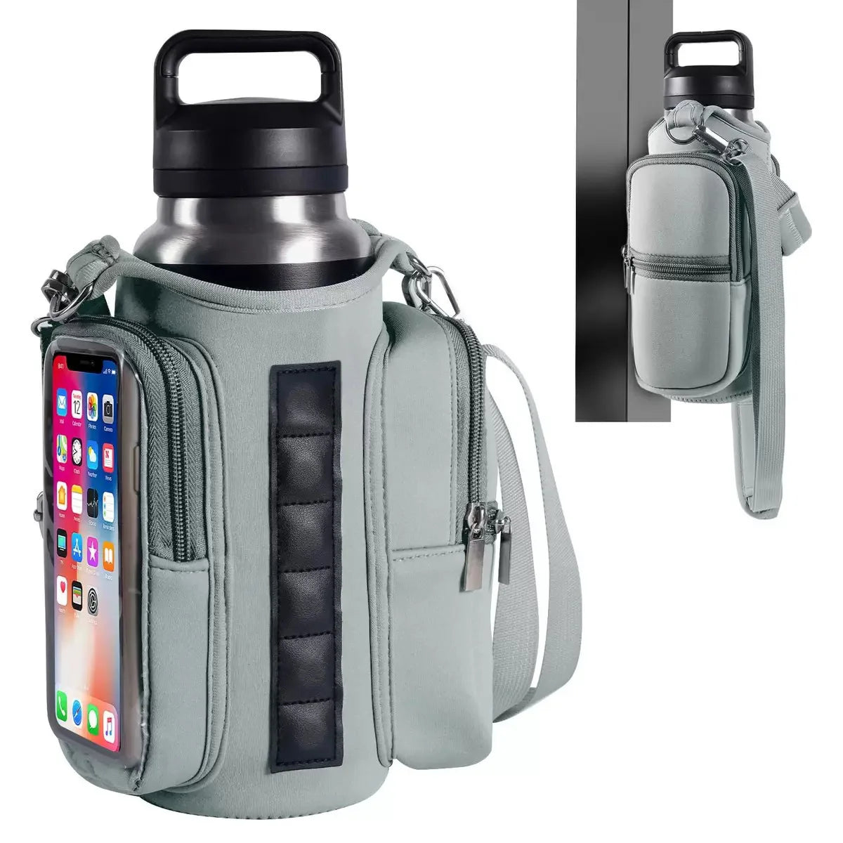 A light gray magnetic accessory holder for a water bottle and smartphone, featuring multiple pockets.