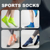 A collection of sports socks in various colors and patterns shown on legs.