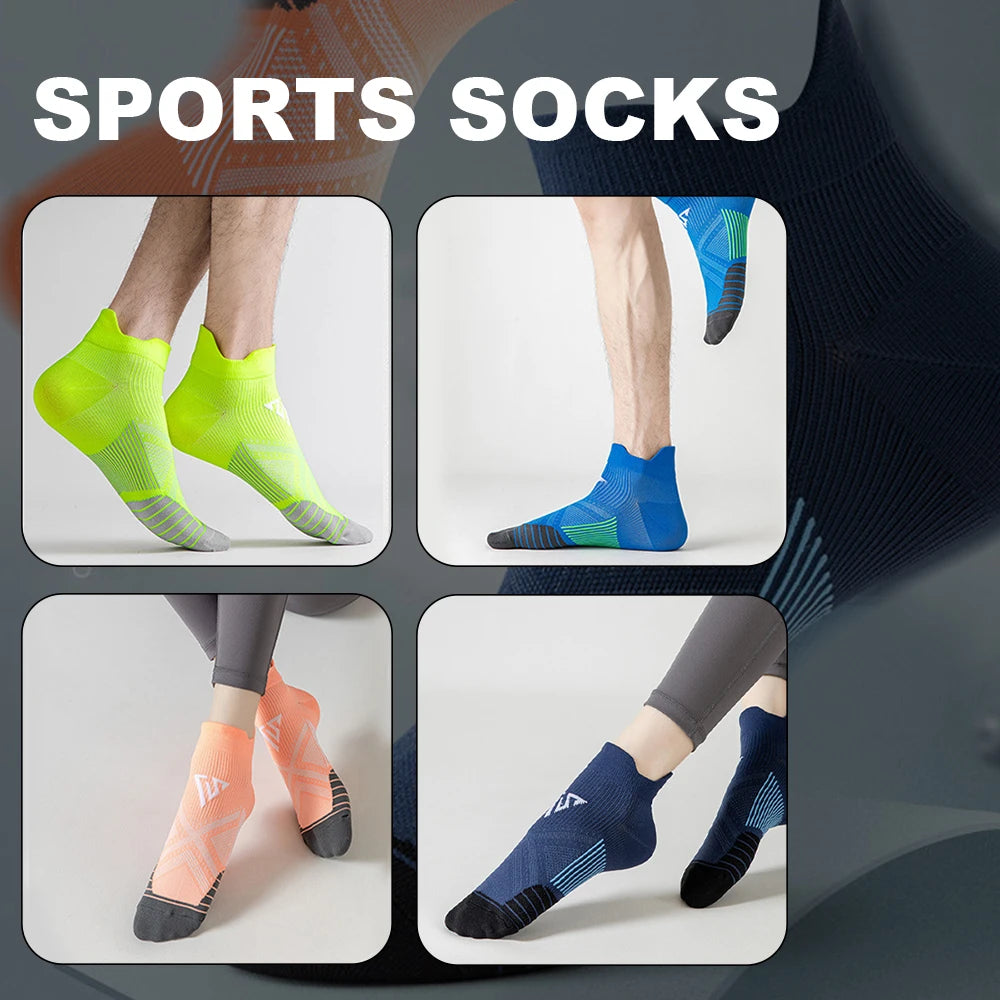 A collection of sports socks in various colors and patterns shown on legs.