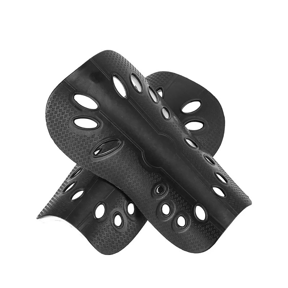 Black adjustable EVA soccer shin guards shown from the side.