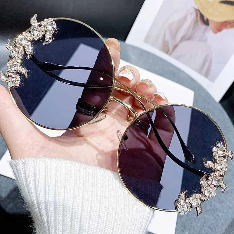 Women's Rhinestone Oversized Round Sunglasses with UV400 Protection